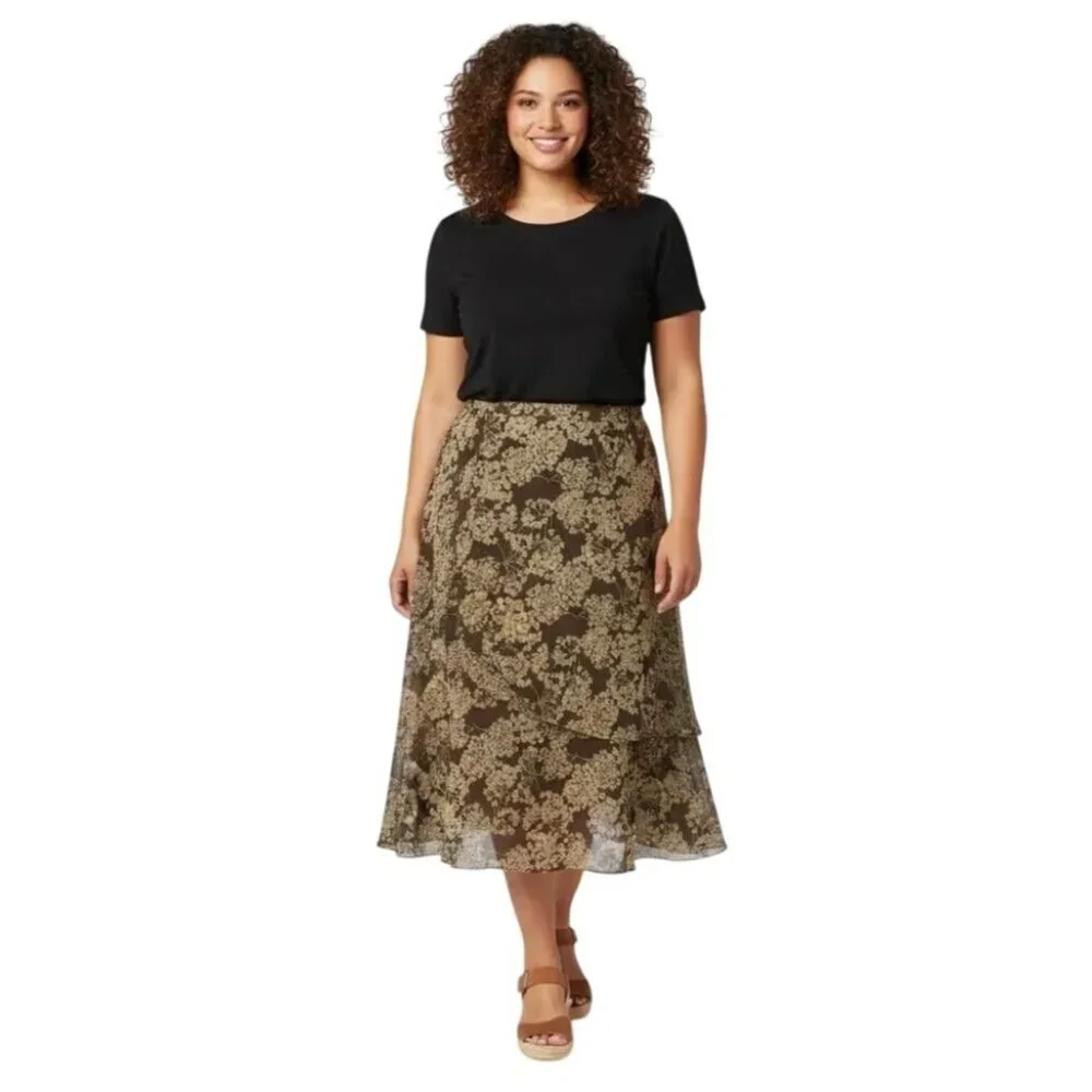 Cato Woman Brown Beige Floral Layered Wrap Style Chiffon Maxi Skirt Size 18/20W - Picture 1 of 10